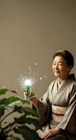Senior Asian woman in traditional gray kimono holding glowing flower with magical light particles, symbolizing wellness, nature energy, and holistic healing for spa and wellness marketing.