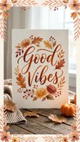 Good Vibes autumn calligraphy poster with fall leaves and flowers on rustic wooden table. Seasonal home decor with warm orange and brown botanical elements.