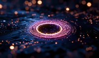 Glowing pink and orange circular light pattern on computer circuit board with bokeh effect creates futuristic technology concept for digital transformation and AI innovation.