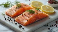 Fresh raw salmon fillets seasoned with dill, peppercorns and lemon on white cutting board, close up view of uncooked fish prepared for cooking healthy dinner.