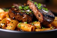 Grilled beef tenderloin medallions with glazed baby carrots and rigatoni pasta in dark bowl, garnished with fresh herbs and black pepper, macro food photography.