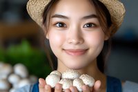 Young Asian woman in straw hat holding fresh white mushrooms, displaying genuine smile while presenting organic produce for healthy cooking and farm-to-table concept.