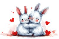 Adorable pair of cuddling white bunnies surrounded by red hearts in watercolor style, romantic illustration for Valentine's day cards and love-themed designs.