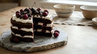 Decadent chocolate layer cake with white cream frosting and fresh cherries on rustic wooden board, perfect for bakery menus and dessert photography.