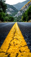 Winding mountain road with bright yellow dividing line stretching into distance, surrounded by dramatic rocky cliffs and lush green vegetation in morning light.