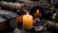 Mystical altar setup with burning candle, sage bundles, amethyst crystals, tarot cards and spiritual tools for meditation and ritual practices.
