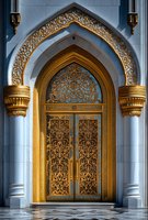Ornate golden door with intricate Islamic geometric patterns and floral designs framed by pointed arch and marble columns in traditional Arabic architecture.