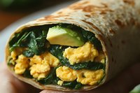 Breakfast burrito filled with scrambled eggs, fresh spinach and avocado wrapped in golden tortilla, extreme close up showing layers of morning meal ingredients.