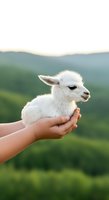 Young white goat kid held gently in child's hands against blurred green mountain landscape. Suitable for agriculture, animal care, farming education, and nature content.