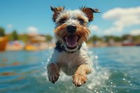 Happy Yorkshire terrier puppy jumping in water with splashes against blurred summer lake background, showing joyful expression and wet fur.
