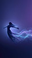 Silhouette of woman with flowing hair dissolving into glowing blue digital waves and circuit patterns, representing technology, innovation, and digital transformation for futuristic design projects.