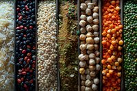 Colorful rows of diverse grains, legumes and spices including rice, beans, chickpeas, mushrooms, lentils and peas arranged in parallel lines, macro food photography.