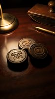 Vintage bronze communication stamps with envelope, telephone, and at symbol on wooden desk with brass accessories and leather portfolio.
