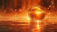 Glowing crystal sphere reflects golden sunset light on rippling water surface with magical bokeh particles creating mystical atmosphere.
