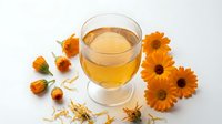 Herbal tea in glass cup surrounded by dried and fresh calendula flowers on white background for wellness and natural remedy designs.