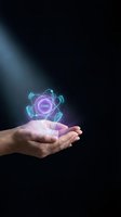 Hands holding glowing holographic atom with core label on dark background representing science technology innovation and digital transformation concepts.