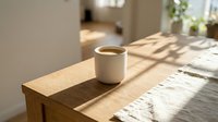 Morning coffee mug on wooden desk with sunlight streaming through window, creating warm shadows in bright home office or workspace environment.
