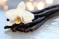 Fresh vanilla pods with delicate white orchid flower on light surface against blurred bokeh background, aromatic spice and natural flavoring ingredient.