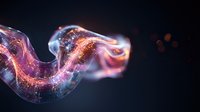 Abstract digital wave with glowing pink and orange light particles flowing through transparent structure against dark background, suggesting data visualization or energy flow.