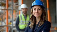Young Caucasian female construction engineer in hard hat and business attire smiling at construction site with male worker in background wearing safety vest and helmet.