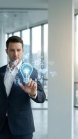 Professional businessman touching digital lightbulb icon with innovation symbols in modern office environment for business technology concepts.