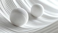 White spheres on curved striped surface creating minimalist composition with light and shadow play. Clean monochromatic design for modern interior decor and advertising.
