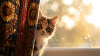 Tabby and white cat peeking behind ornate curtain with warm sunlight and bokeh background, suitable for pet, home decor, and lifestyle content.