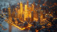 Glowing aerial view of illuminated downtown skyscrapers at night with golden lights creating dramatic urban landscape. Modern metropolis cityscape with towering buildings.