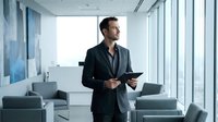 Professional businessman holding tablet in modern office with city view through floor-to-ceiling windows and contemporary furniture for corporate presentations.