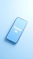 Smartphone with Follow Us text on screen placed on light blue background, promoting social media engagement and online community growth.