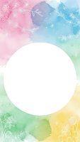 Watercolor floral frame with white circle space for text on pastel rainbow background with delicate flower outlines for spring design projects.