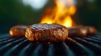 Juicy grilled beef steak on barbecue grill with bright flames and sausages in background, close-up view showing seared meat texture and grill marks.
