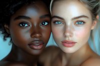 Two young women with natural makeup showcasing diverse beauty and skincare, close-up portrait with soft lighting for cosmetic and wellness campaigns.