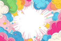 Colorful cartoon clouds and stars frame with radial burst background in pastel rainbow colors, white center space for text on isolated background.