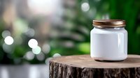 White glass jar with metal lid on wooden stump against blurred green natural background with bokeh lights, minimalist eco-friendly packaging concept.
