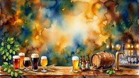 Watercolor pub scene with beer glasses, wooden barrel, tap, bottles, and hops on a rustic table against a colorful grunge background.