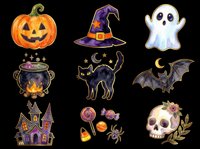 Spooky Halloween collection featuring jack-o-lantern, witch hat, ghost, cauldron, black cat, bat, haunted house, candy corn, lollipops, spider, and skull with flowers isolated on transparent background ready for t-shirts, stickers, clipart, and print-on-demand designs.