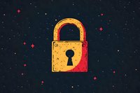 Golden padlock icon floating in starry night sky with red glowing highlights and vintage texture effect, symbolizing security and protection on dark background.