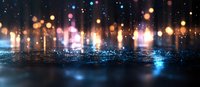 Glowing bokeh lights reflecting on wet surface with blurred background creating magical atmosphere. Colorful defocused spots shine in darkness.