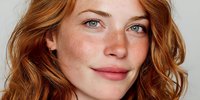 Young redhead woman with freckles and wavy hair smiling at camera. Natural beauty portrait for skincare, cosmetics and lifestyle advertising campaigns.