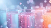 Sparkling carbonated drinks in transparent glasses with bubbles against blurred bokeh background in pink and blue gradient colors, refreshing summer beverage.
