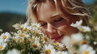 Young Caucasian woman with blonde hair smiling among blooming daisies on a sunny day, creating a warm summer atmosphere of happiness and natural beauty.