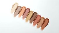 Cosmetic eyeshadow palette swatches in warm neutral tones from light to dark brown shades on white background for makeup and beauty applications.