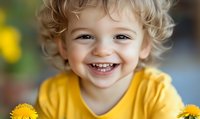 Cheerful toddler with curly blonde hair wearing yellow shirt smiling brightly with dandelions in foreground, perfect for family, happiness and childhood concepts.