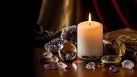 Mystical fortune telling setup with burning candle, crystal ball, amethyst gems, tarot cards and spiritual tools for divination and esoteric practices.