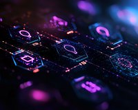 Glowing hexagonal circuit board elements with purple and blue neon lights creating futuristic technology pattern, macro photography with shallow depth of field.