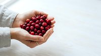 Hands holding fresh red cranberries on white background, suitable for food, health, nutrition, and organic product marketing materials.