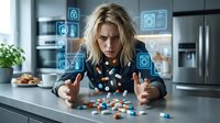 Young blonde woman overwhelmed by smart home technology icons floating around modern kitchen, digital stress concept for IoT automation challenges.