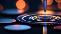 Liquid drop falling into rippling water surface creating concentric circles with orange bokeh lights in background, dramatic macro photography with reflections.