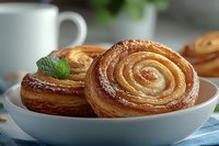 Fresh baked Danish pastry swirls with flaky layers and powdered sugar served on white plate with mint leaf garnish and coffee cup in background.